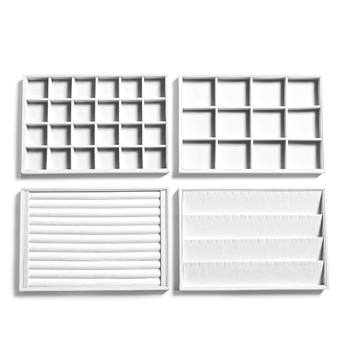Frebeauty Stackable Velvet Jewelry Organizer Trays for Drawers Inserts Jewelry Storage Tray Display Case, Stud Earrings Bracelets Necklace Rings Accessories Trays for Women(Set of 4)(White) - color: White, size: Set 4