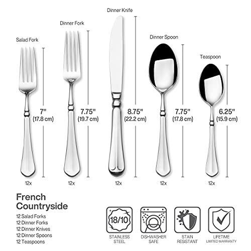 Mikasa French Countryside Flatware Set for 12, 65 Piece 18/10 Stainless Steel Silverware with Elegant Scroll Design and Serving Utensils, Durable Dinnerware Service - size: 65 Piece Set, style: French Countryside