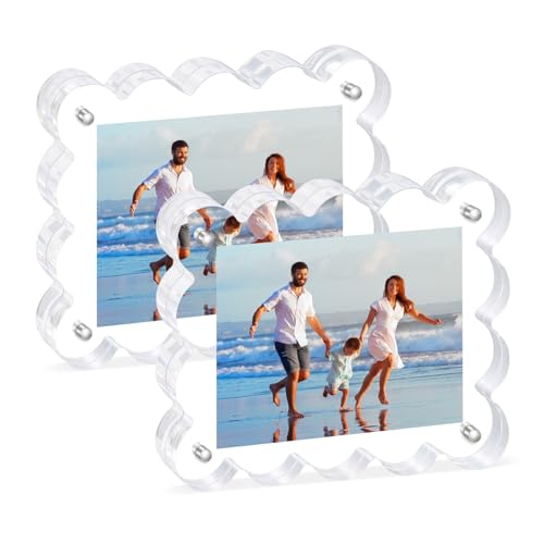 2Pack Magnetic Acrylic Picture Frames 2×3 Inch - Scalloped Glass Frame with 10+10mm Thick Block, Double Sided Clear Frames for Desktop Display | Trendy Home Gift (2 Pack, 2×3) - color: 2 Pack, size: 2×3