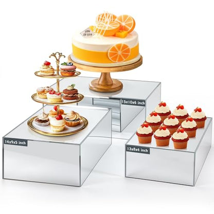 3 Pack Extra Large Acrylic Risers - 15”, 14”, 13” Silver Display Stands with Hollow Bottoms, Cube Buffet Riser Boxes Nesting for Dessert Food Catering Buffet Display Party Supplies - color: Silver, size: 15”,14”,13”