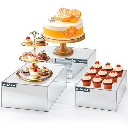 3 Pack Extra Large Acrylic Risers - 15”, 14”, 13” Silver Display Stands with Hollow Bottoms, Cube Buffet Riser Boxes Nesting for Dessert Food Catering Buffet Display Party Supplies - color: Silver, size: 15”,14”,13”