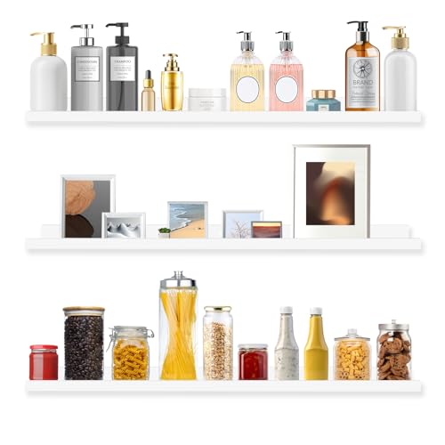 MBYD White Floating Shelves 36 Inches Long, Picture Ledge Wall Shelf for Frames Photo Albums, Wall Mounted Photo Shelves with Ledge Set of 3 Same Dimension for Bedroom Bathroom Living Room Kitchen - color: White, size: Set of 3 36 in