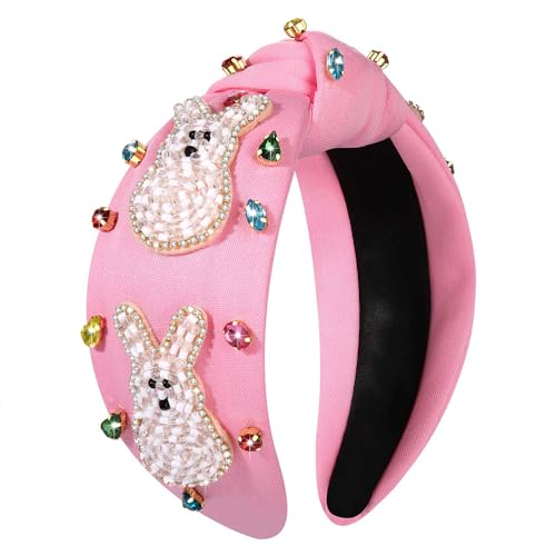 NVENF Easter Headbands for Women Beaded Easter Rabbit Bunny Headband White Pink Crystal Pearl Knotted Hairband Happy Accessories Spring Holiday Headwear Outfits Gifts (Bunny B - Pink) - color: Bunny B - Pink