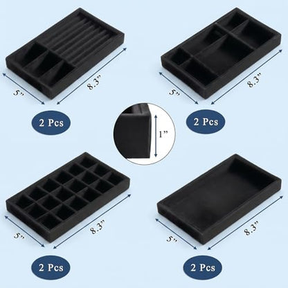Elsjoy 8 Pack 4 Styles Black Velvet Jewelry Trays, Jewelry Organizer Tray Stackable Jewelry Storage Tray for Drawer, Rings, Earrings, Necklace