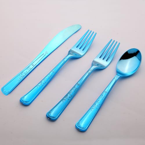 180 Pack Disposable Deep Blue Plastic Silverware Contain 60 Forks,60 Spoons,60 Knives, Solid and Durable Plastic Cutlery Utensils Set Perfect for Parties,weddings. - color: Deep Blue