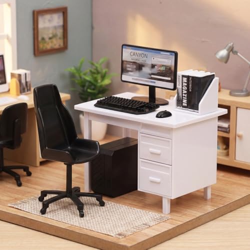 Garneck 2 Sets Miniature Dollhouse Office Desk Set: 1:12 Scale Computer Table Chair Keyboard Mouse Monitor Books CPU Accessories for Mini Furniture Display Pretend School Project
