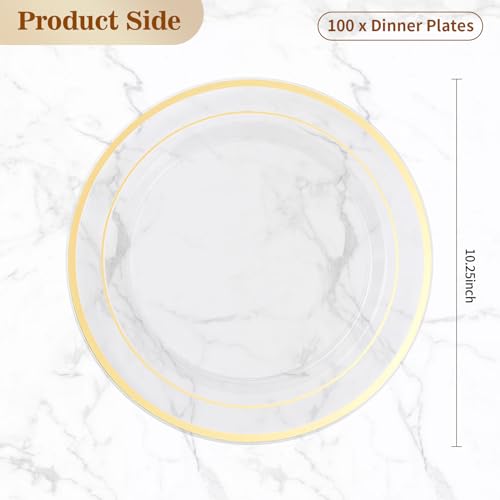 BESTVIP 100PCS Clear Plastic Plates, 10.25 Inch Disposable Dinner Plate Party with Gold Rim, Heavy Duty Disposable Plastic Plates for Party, Wedding and Birthday, Christmas, Thanksgiving - color: Clear Gold, size: 100PC