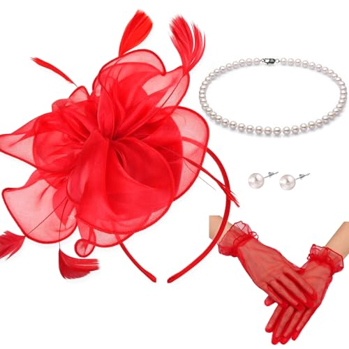 Fascinators Hats with Gloves Set for Women 20s 50s Cocktail Tea Party Wedding Costume Headwear - color: 03-red