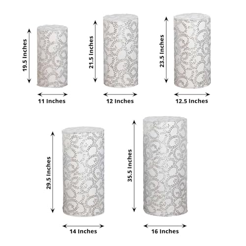 Efavormart Set of 5 Silver Sequin Mesh Cylinder Display Box Stand Covers with Leaf Vine Embroidery, Sparkly Sheer Tulle Pedestal Pillar Prop Covers - color: Silver, size: Sequin Mesh Cylinder Covers - Leaf Pattern