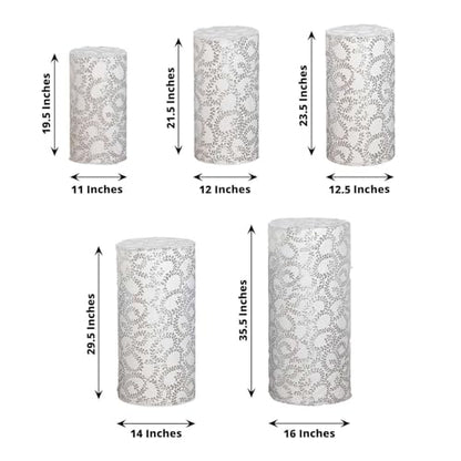 Efavormart Set of 5 Silver Sequin Mesh Cylinder Display Box Stand Covers with Leaf Vine Embroidery, Sparkly Sheer Tulle Pedestal Pillar Prop Covers - color: Silver, size: Sequin Mesh Cylinder Covers - Leaf Pattern