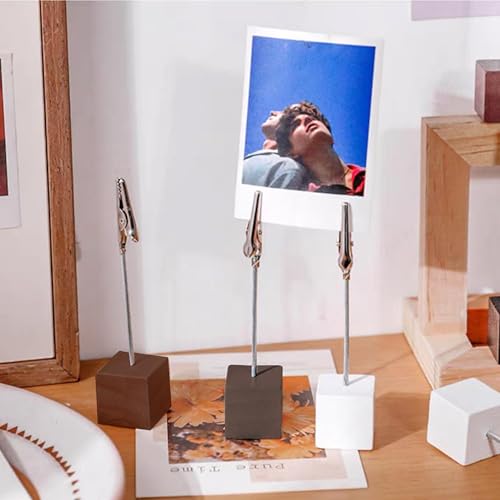 24PCS Wooden Cube Memo Holders with Alligator Clips Table Number Stands, Cube Base Memo Clip Holder Photo and Card Display Clips for Wedding, Event, Office Desk Use (Brown) - color: Brown