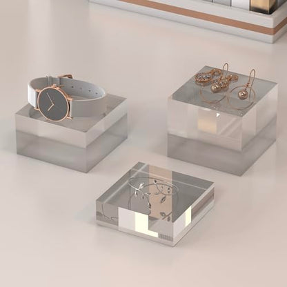 Acrylic Display Stands, 3 Graduated Sizes Acrylic Block Riser for Displaying Collection, Crystal Clear Acrylic Cube Pedestals for Jewelry Glass, Gem and Collectables, 1set