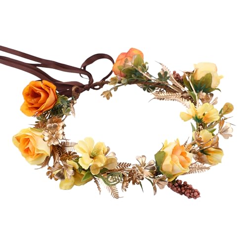 Fairy Rose Flower Crown - Golden Leaves Autumn Yellow Flower Headband Fashion Boho Bridal Floral Headpiece Women Girls Vacation Party Festival Photo Prop - color: Orange