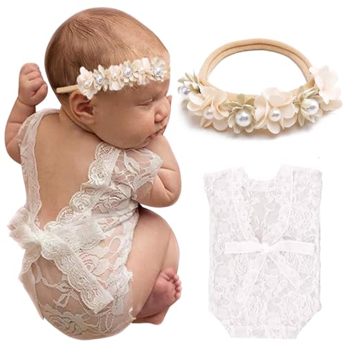 Newborn Photography Outfits, Cute Baby Lace Ribbon Rompers with Headband for Infant Photography Props - color: White