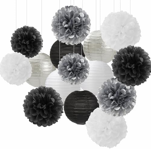 Black White Silver Party-Decorations Paper Flowers Lanterns - 15PCS Birthday Halloween Wedding Tissue Pom Poms Streamers, Halloween Prom Baby Shower Bachelorette Hanging Supplies Decor Hugfond - color: Black Silver White