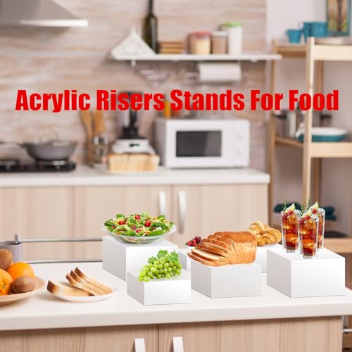 Clisela 3pcs Acrylic Cube Display Stands Box Risers with Hollow Bottoms, Food Risers for Buffet Table, Decorative Display Stand Shelf for Dessert Collectibles Jewelry Figures Show - White 6" 7" 8" - size: (6,7,8)"- White