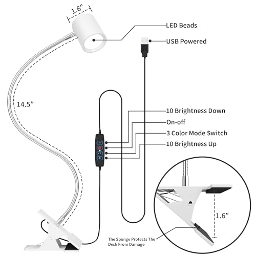 Dott Arts Desk Lamp,USB Clip On Light with 3 Color Modes,LED 10 Levels Brightness Reading Lamp, 360°Gooseneck Book Light,Eye-Care Reading Light for Home Office,Headboards White - color: White