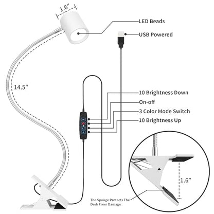 Dott Arts Desk Lamp,USB Clip On Light with 3 Color Modes,LED 10 Levels Brightness Reading Lamp, 360°Gooseneck Book Light,Eye-Care Reading Light for Home Office,Headboards White - color: White