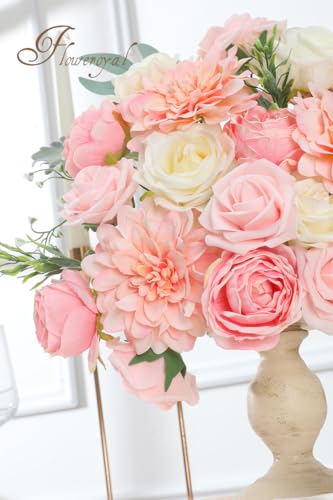 Floweroyal Pink Artificial Flowers Fake Rose Flowers Dahlia with Stems for DIY Wedding Bridal Bouquets, Baby Shower, Floral Arrangement, Table Centerpieces, Home Decorations. - color: Pink-2