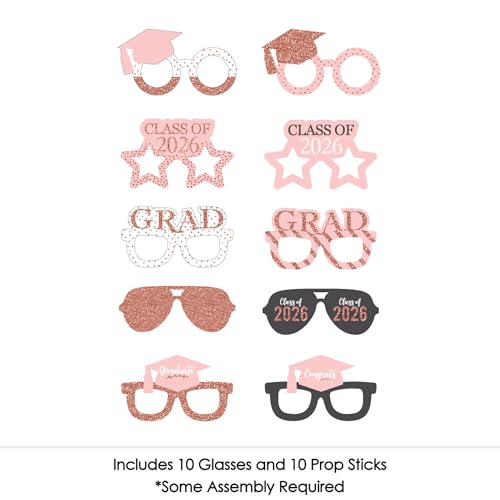 Big Dot of Happiness Rose Gold Grad Glasses - 2026 Paper Card Stock Graduation Party Photo Booth Props Kit - 10 Count