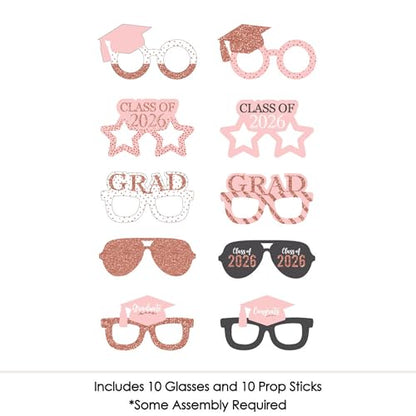 Big Dot of Happiness Rose Gold Grad Glasses - 2026 Paper Card Stock Graduation Party Photo Booth Props Kit - 10 Count