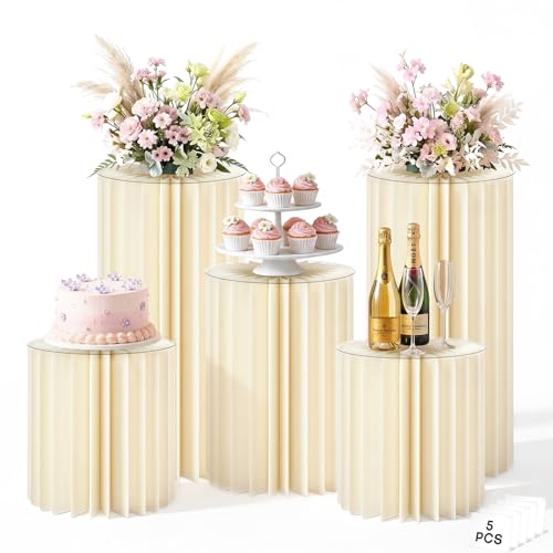 5 Pack Cylinder Stands for Party 15.7" 23.6" 31.5" Height Foldable Cardboard Tall Columns Cylinder Tables Round Cake Pedestal Stands Display Plinth Pillar for Wedding Birthday Party Decor (White) - color: White