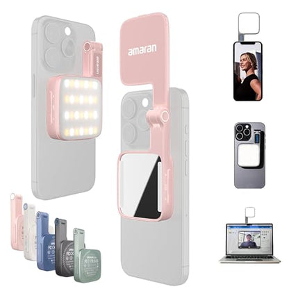 Magnetic Selfie Phone Light,Amaran Go Dual LED Light Source with Adjustable Mirror Light CCT 2700K-6500K,Rechargeable for Selfie,Makeup,Video Conference,TikTok,for iPhone & Android (Pink) - color: Pink
