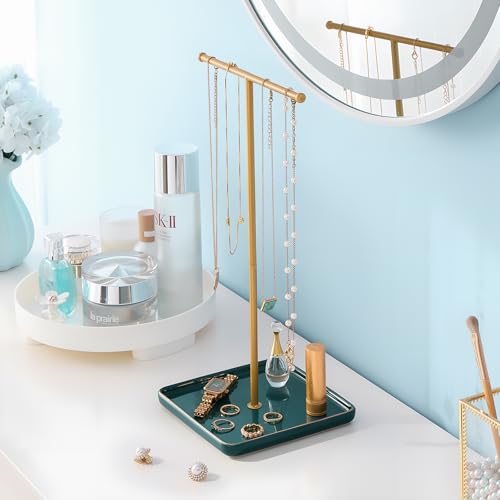 Lolalet Necklace Holder, Jewelry Display Stand with Ceramic Base Tray Jewelry Organizer Tree for Necklaces Bracelets Earrings Rings -Green, 1 Tier - color: Green, size: 1 Tier