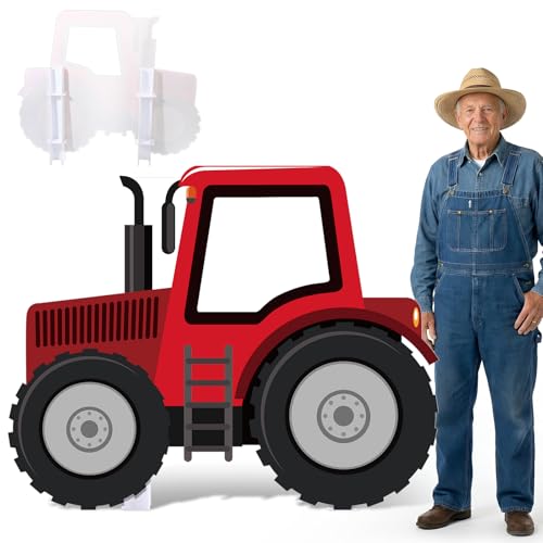 Capoda Farm Tractor Photo Backdrop Stand up Cardboard Cutout for Party Decoration and Photography Props - 60 x 48 Inch Red Cartoon Tractor Standee with Face Hole for Farm Birthday Outdoor Activity - style: Red Tractor