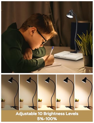 LiFMIRA Clip-on Reading Light - 3 Color Modes, 10 Dimmable Brightness, Eye Care Clamp Desk Lamp with Flexible Gooseneck for Reading in Bed, Desk, Headboard, Computer - color: Black