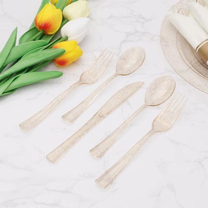 Goodluck 100 Pack Pre Rolled Gold Glitter Plastic Silverware, Wrapped Cutlery Set with Napkin Include 100 Forks, 100 Knives, 100 Spoons and 100 Napkins, Fancy Disposable Silverware for Party, Wedding - size: 100pc, style: Gold Glitter