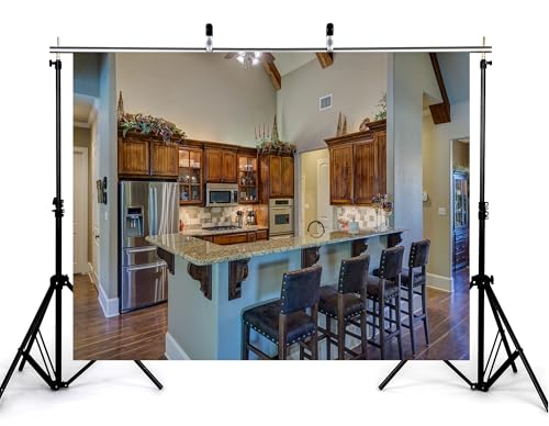 5x4ft Rustic American Kitchen Backdrop Wooden Cabinets Granite Island Leather Bar Stools Photography Background for Culinary Lifestyle Interior Decorations Tapestry Photo Booth Props - size: 5x4ft