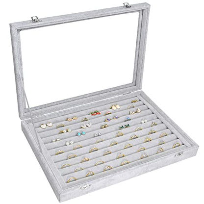Siveit Rings Organizer Tray 10 Slots Velvet Ring Display Tray Insert Jewelry Earring Storage Box with Transparent Glass lid Can Hold 100 Rings Earrings Suitable for Girls and Women (Grey) - color: Grey