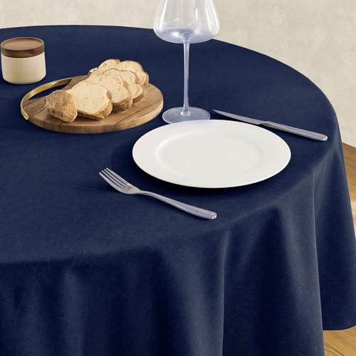 Veblandy Tablecloth Linen Textured Waterproof & Stain Resistant Table Cloth Wrinkle Free Decorative Fabric Farmhouse Table Cover for Dining/Party/Buffet/Wedding, 60 x 60 Inch, Navy Blue - color: Navy Blue, size: 60" (Round)