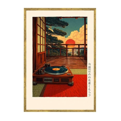 Framed Japanese Sunset Vinyl Record Poster Canvas Print Vintage Minimalist Aesthetic Wall Art for Living Room Decoration, Exquisite Wall Decor Painting Pictures Home Decor for Bedroom or Office (24L"x36W",Gold Framed) - size: 24L"x36W"
