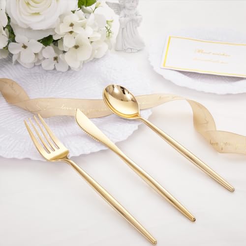 SUT 150PCS Gold Plastic Silverware, Plastic Utensils,Gold Silverware Disposable,Disposable Utensils Heavy Duty,Plastic Cutlery Set,Includes:50 Knives, Forks and Spoons for Party, Birthday,Wedding - style: Gold