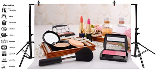 Leyiyi 8x6.5ft Photography Backdrop Dresser Table Backdrop Make-up Vlogger Products Henna Party Lipstick Eyeshadow Brush Blusher Pearl Necklace Bridal Shower Blogger Photo Portrait Vinyl Studio Prop - size: 8x6.5ft