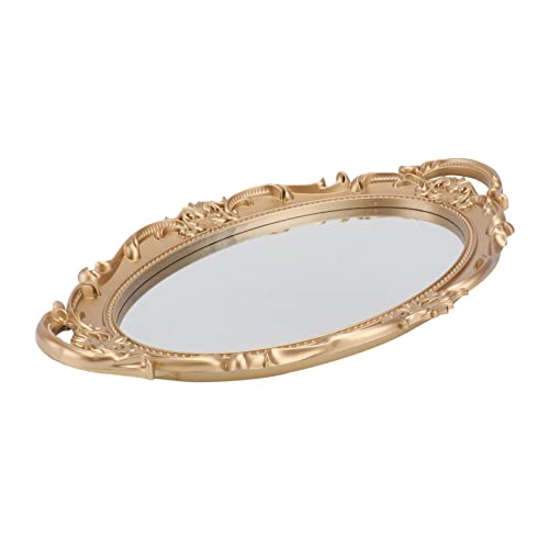 1pc Retro Mirror Tray for Jewelry Perfume Elegant Decorative Photography Prop Delicate Mirror Plate for Dresser Bathroom Storage Vintage Style Home Organizer - color: Golden, size: 36x24cm