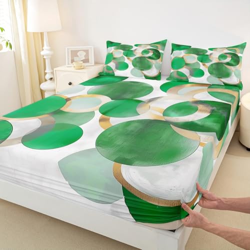 Erosebridal Green and Gold Sheets for Boys Girls Modern Geometric Fitted Sheet,Geometric Circle Print Kids Bedding Sets Minimalist Bed Sets Twin 2 Piece - color: White Green Gold, size: Twin(No Top Sheet)