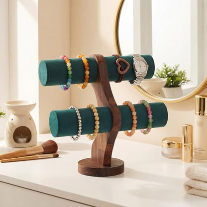 RattanView 2 Tier Walnut Bracelet Holder Display Wooden Watch Stand Organizer T Bar Rack Storage Tower for Selling Retail - color: Dark Green