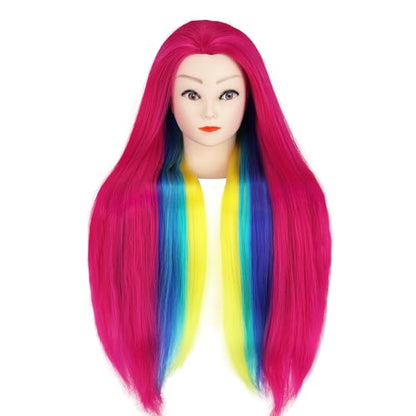 Mannequin Head with Hair, Beauty star 29" Cosmetology Doll Head for Hair Styling to Practice on, Hairdressing Training Braiding Heads with Clamp Stand Holder Kit - color: Hot Pink