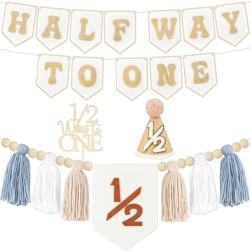 1/2 Birthday Boy Half Birthday Decorations - Half Way to One Banner Cake Topper Tassel Wood Bead High Chair Banner Hat for Boys and Girls 6 Months Birthday Decorations Party Supplies - color: Baby Blue