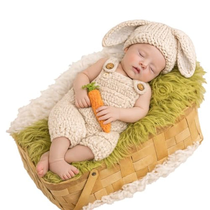 Baby Bunny Outfit for Newborn Photoshoot Props – Easter Baby Outfit Knitted Crochet Bunny Costume with Bunny Ears Hat & Carrot Prop – Newborn Photography Outfit Easter Bunny Baby Photoshoot Costume