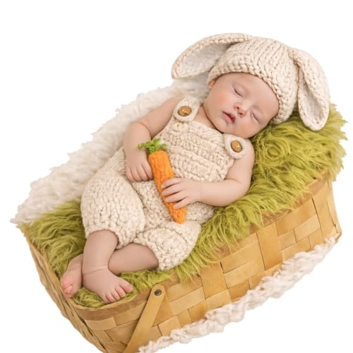 Baby Bunny Outfit for Newborn Photoshoot Props – Easter Baby Outfit Knitted Crochet Bunny Costume with Bunny Ears Hat & Carrot Prop – Newborn Photography Outfit Easter Bunny Baby Photoshoot Costume