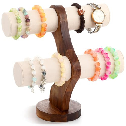 RattanView 2 Tier Walnut Bracelet Holder Display Wooden Watch Stand Organizer T Bar Rack Storage Tower for Selling Retail - color: White