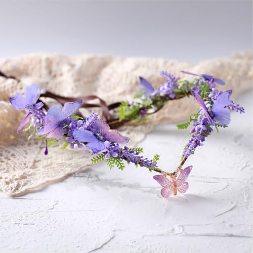 MOSTORY Handmade Fairy Butterfly Crown - Elf Flower Hadpiece Elven Headband for Women s Spring Wedding Maternity Shoot - color: Purple