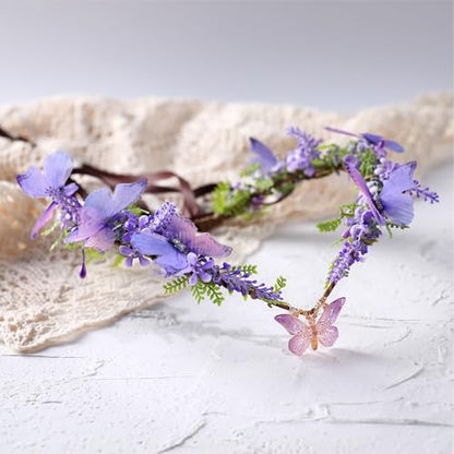 MOSTORY Handmade Fairy Butterfly Crown - Elf Flower Hadpiece Elven Headband for Women s Spring Wedding Maternity Shoot - color: Purple