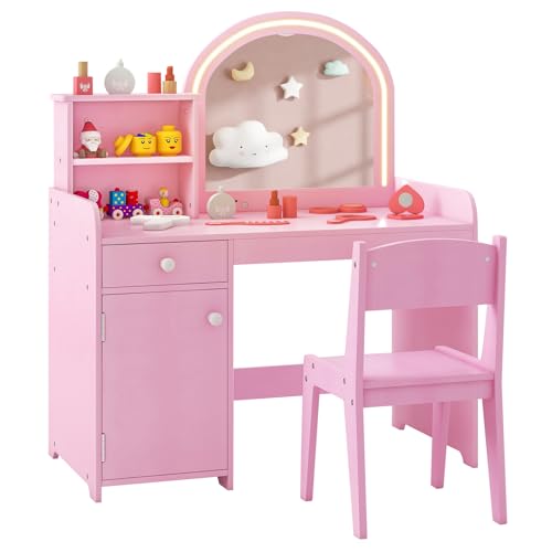 Costzon Kids Vanity with Lights, 2 in 1 Princess Makeup Desk & Chair Set with Lighted Mirror, Drawer, Storage Shelves & Cabinet, Toddler Dressing Table, Vanity Set for Little Girls (Pink) - style: Pink with Cabinet