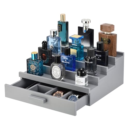 Perfume Organizer for Men, 4 Tier Wood Perfume Display Stand with Velvet Lining Drawer and Hidden Compartment for Watch,Jewelry,Perfume Display Risers,A Gift for Men (Gray) - style: 4 Tier - Grey