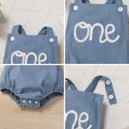 IMEKIS Baby Girls Boys Boho 1st Birthday Outfit Backless Overalls Romper for Cake Smash Photo Shoot - color: Blue + White One, size: 12-18 Months